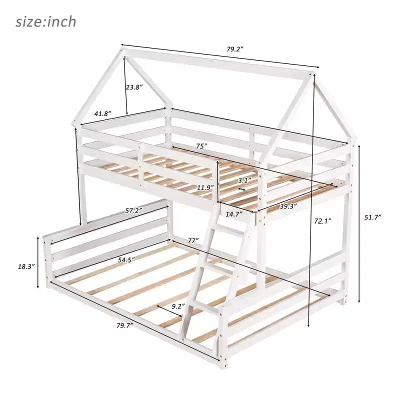 Lit superposé cabane jumeau sur toute la longueur avec échelle, détachable en 2 lits