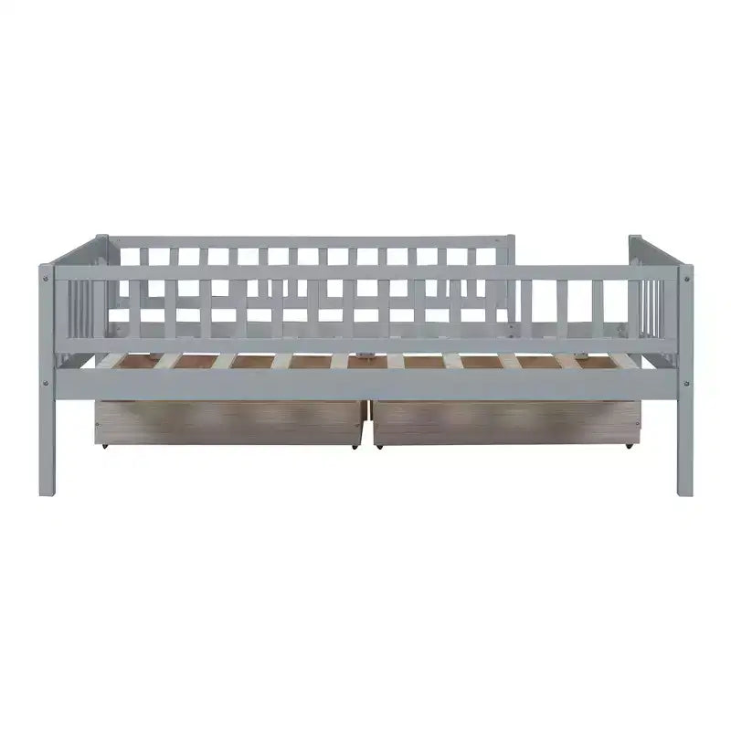 Lit de repos bas de taille double avec tiroirs de rangement, Cadre de lit plateforme double en bois avec barrières pour chambre de garçons et de filles