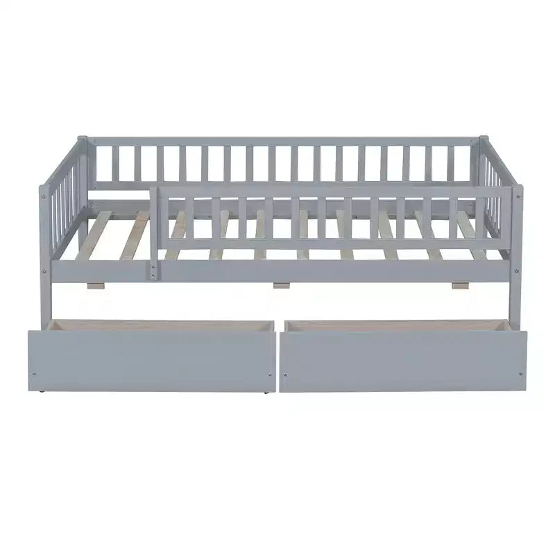 Lit de repos bas de taille double avec tiroirs de rangement, Cadre de lit plateforme double en bois avec barrières pour chambre de garçons et de filles
