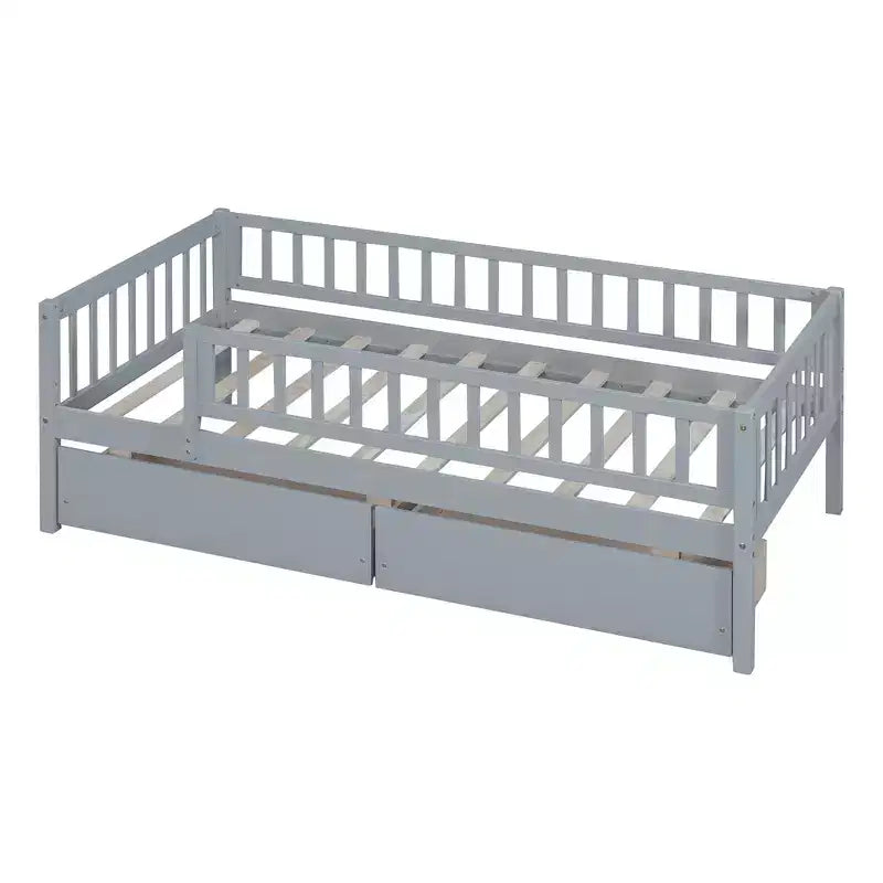 Lit de repos bas de taille double avec tiroirs de rangement, Cadre de lit plateforme double en bois avec barrières pour chambre de garçons et de filles
