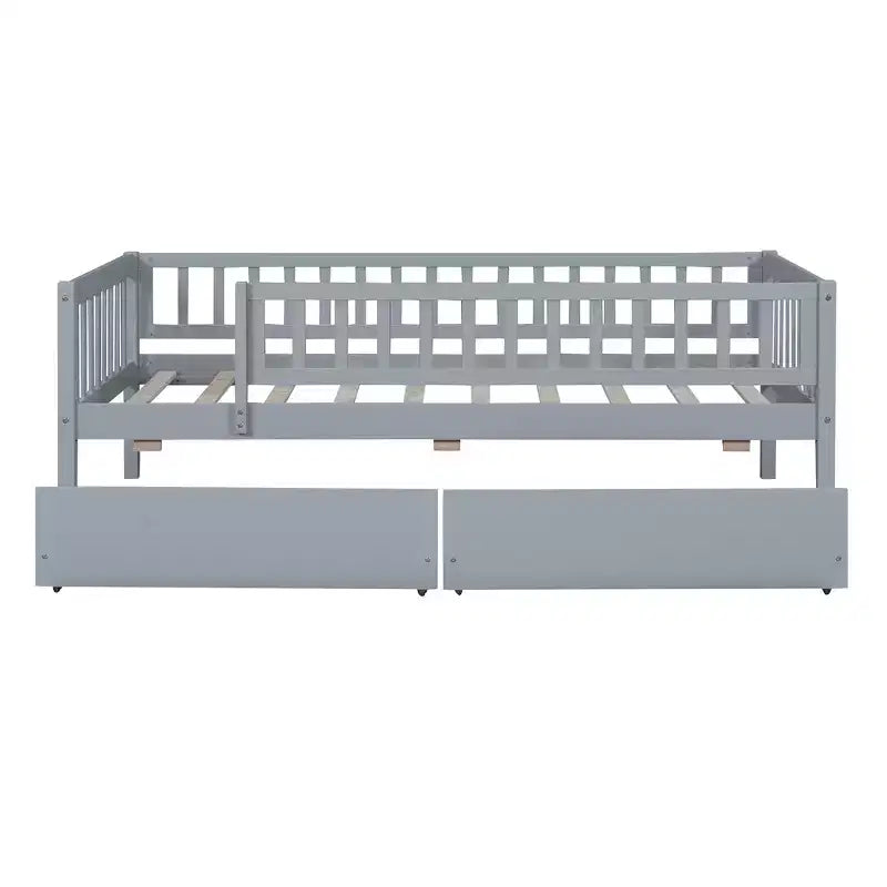 Lit de repos bas de taille double avec tiroirs de rangement, Cadre de lit plateforme double en bois avec barrières pour chambre de garçons et de filles