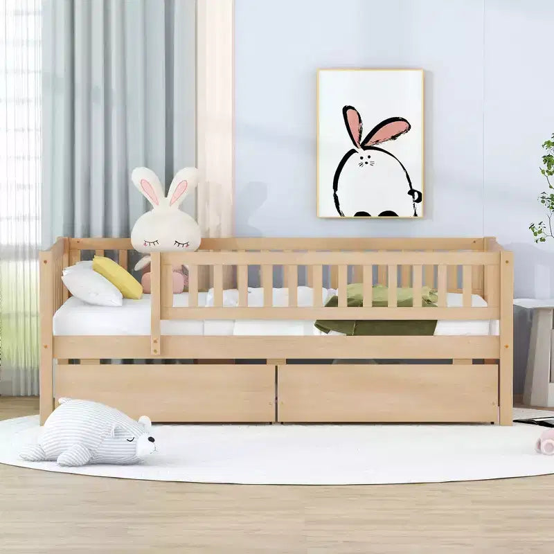 Lit de repos bas de taille double avec tiroirs de rangement, Cadre de lit plateforme double en bois avec barrières pour chambre de garçons et de filles