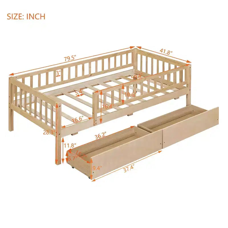 Lit de repos bas de taille double avec tiroirs de rangement, Cadre de lit plateforme double en bois avec barrières pour chambre de garçons et de filles