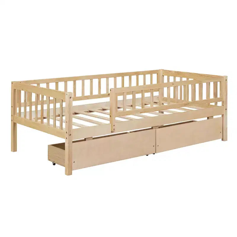 Lit de repos bas de taille double avec tiroirs de rangement, Cadre de lit plateforme double en bois avec barrières pour chambre de garçons et de filles