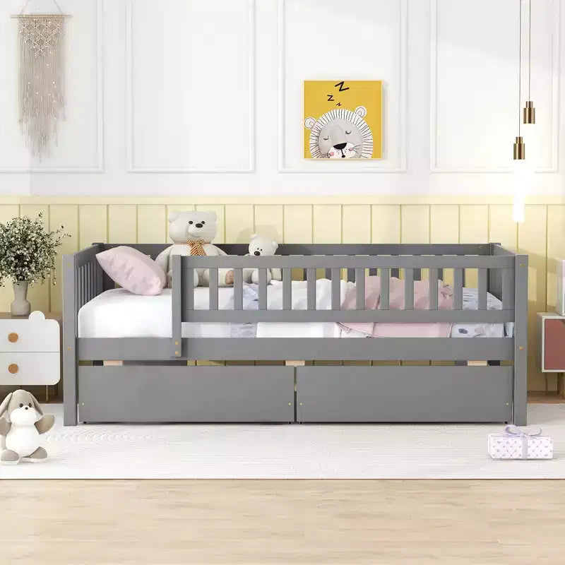 Lit de repos bas de taille double avec tiroirs de rangement, Cadre de lit plateforme double en bois avec barrières pour chambre de garçons et de filles