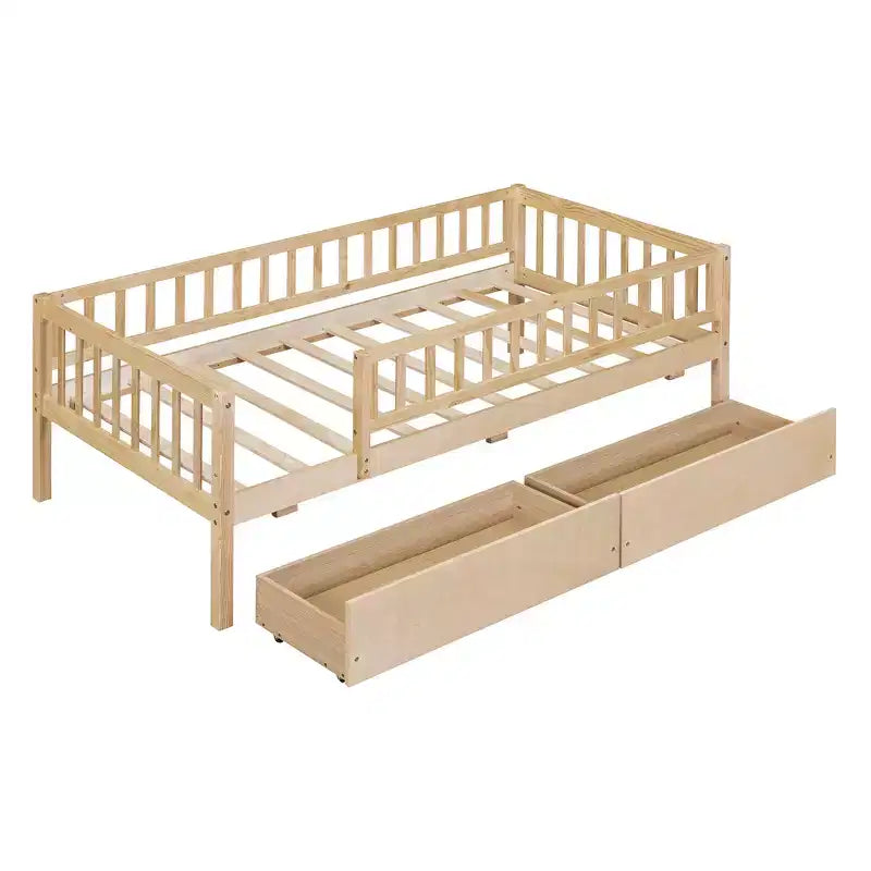 Lit de repos bas de taille double avec tiroirs de rangement, Cadre de lit plateforme double en bois avec barrières pour chambre de garçons et de filles