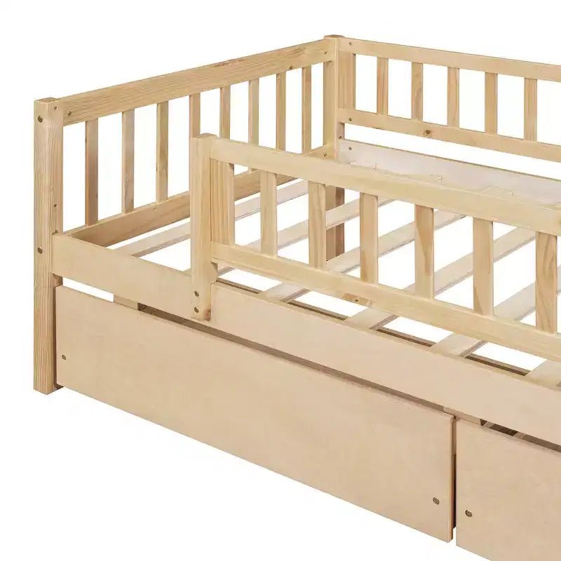 Lit de repos bas de taille double avec tiroirs de rangement, Cadre de lit plateforme double en bois avec barrières pour chambre de garçons et de filles