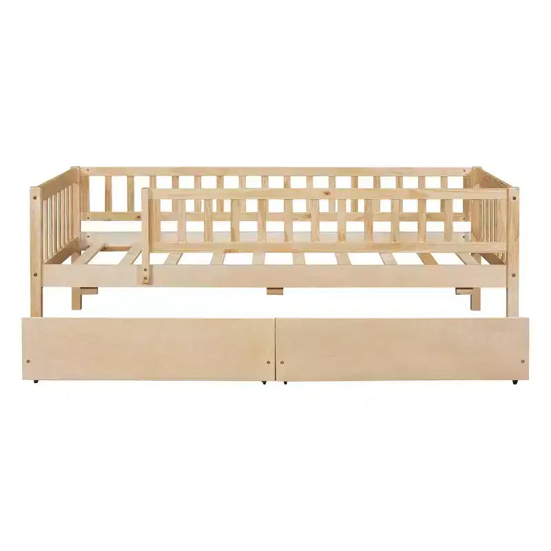 Lit de repos bas de taille double avec tiroirs de rangement, Cadre de lit plateforme double en bois avec barrières pour chambre de garçons et de filles