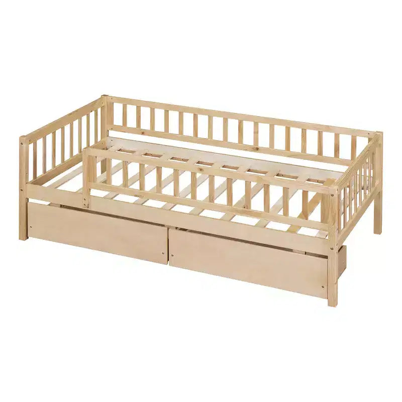 Lit de repos bas de taille double avec tiroirs de rangement, Cadre de lit plateforme double en bois avec barrières pour chambre de garçons et de filles