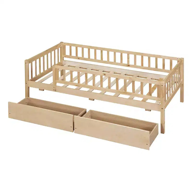 Lit de repos bas de taille double avec tiroirs de rangement, Cadre de lit plateforme double en bois avec barrières pour chambre de garçons et de filles