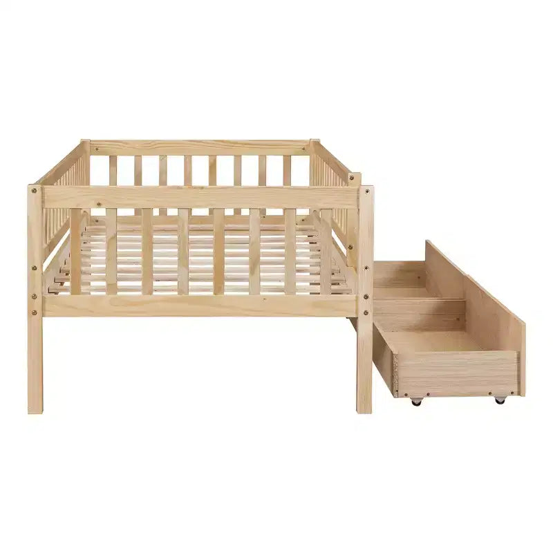 Lit de repos bas de taille double avec tiroirs de rangement, Cadre de lit plateforme double en bois avec barrières pour chambre de garçons et de filles