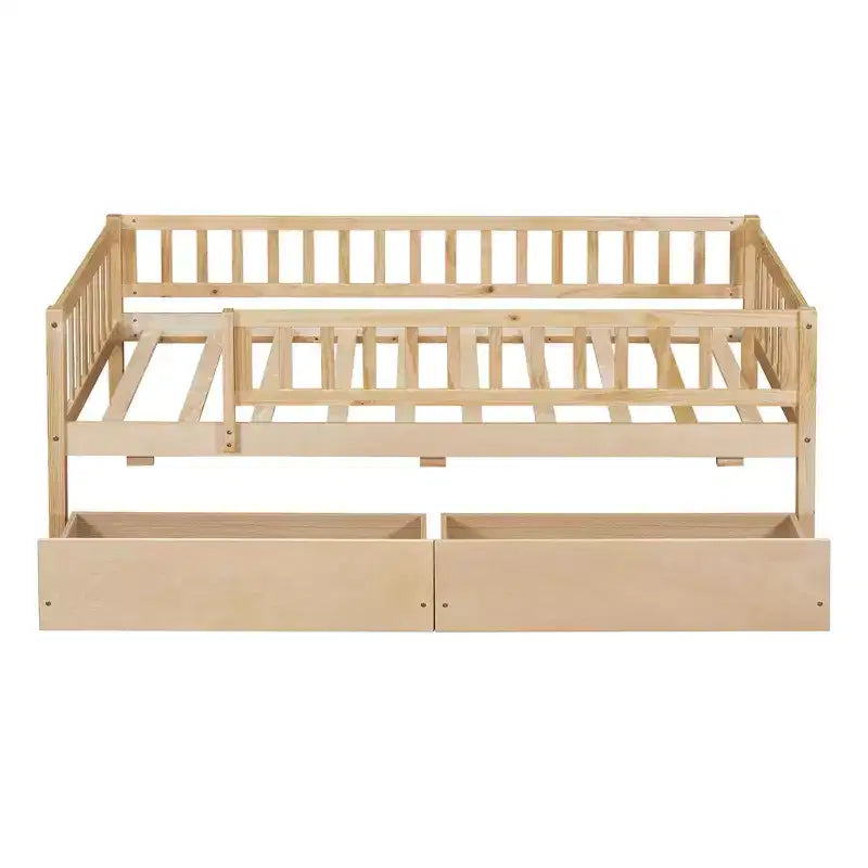 Lit de repos bas de taille double avec tiroirs de rangement, Cadre de lit plateforme double en bois avec barrières pour chambre de garçons et de filles