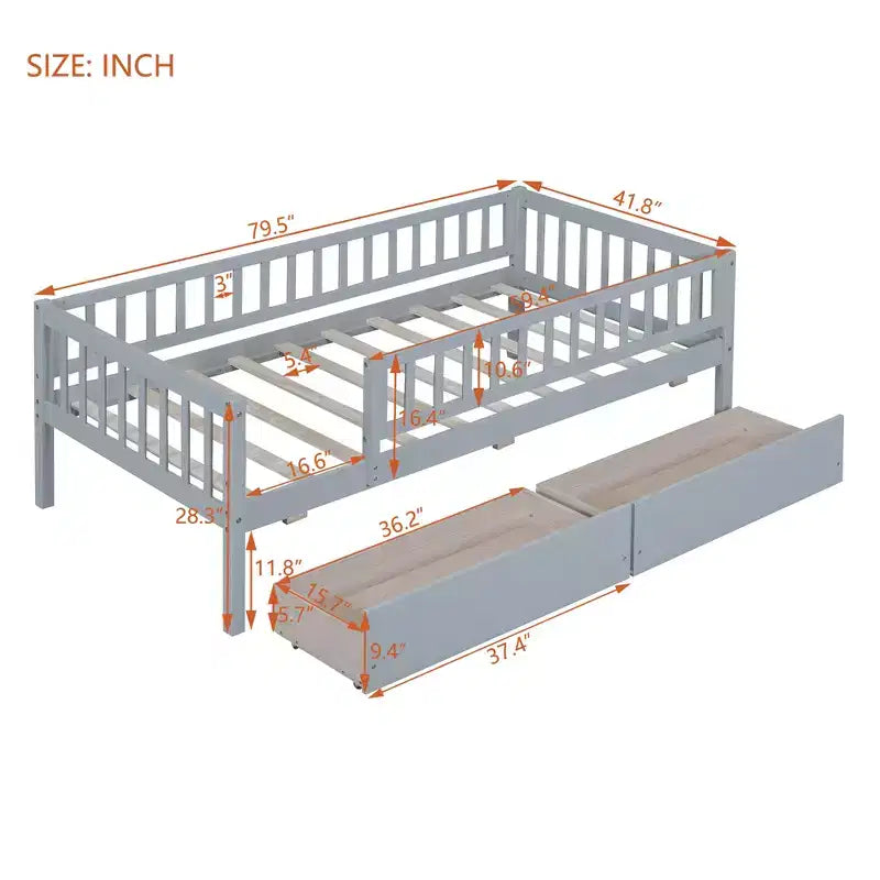 Lit de repos bas de taille double avec tiroirs de rangement, Cadre de lit plateforme double en bois avec barrières pour chambre de garçons et de filles