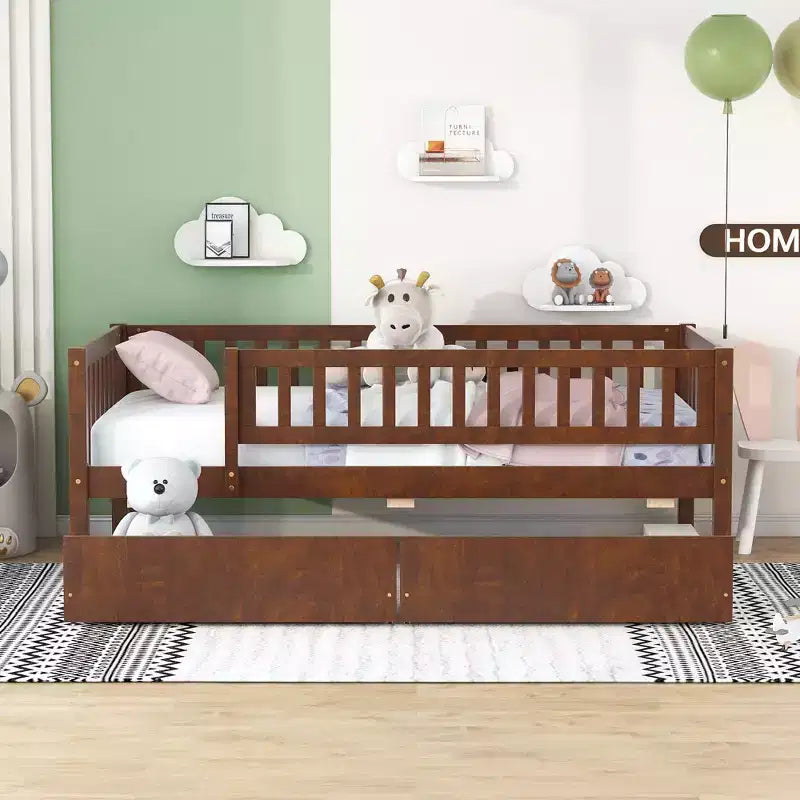 Lit de repos bas de taille double avec tiroirs de rangement, Cadre de lit plateforme double en bois avec barrières pour chambre de garçons et de filles