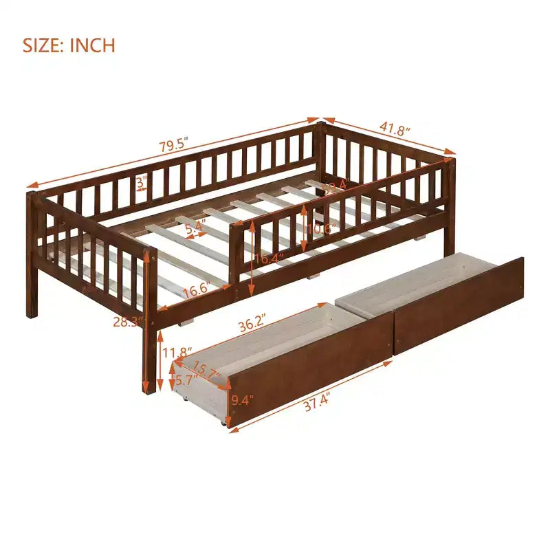 Lit de repos bas de taille double avec tiroirs de rangement, Cadre de lit plateforme double en bois avec barrières pour chambre de garçons et de filles