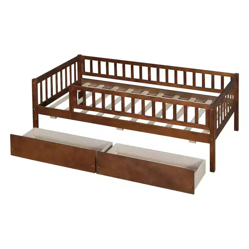 Lit de repos bas de taille double avec tiroirs de rangement, Cadre de lit plateforme double en bois avec barrières pour chambre de garçons et de filles