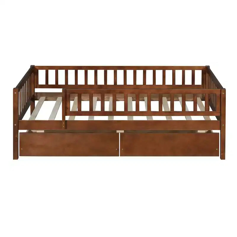 Lit de repos bas de taille double avec tiroirs de rangement, Cadre de lit plateforme double en bois avec barrières pour chambre de garçons et de filles