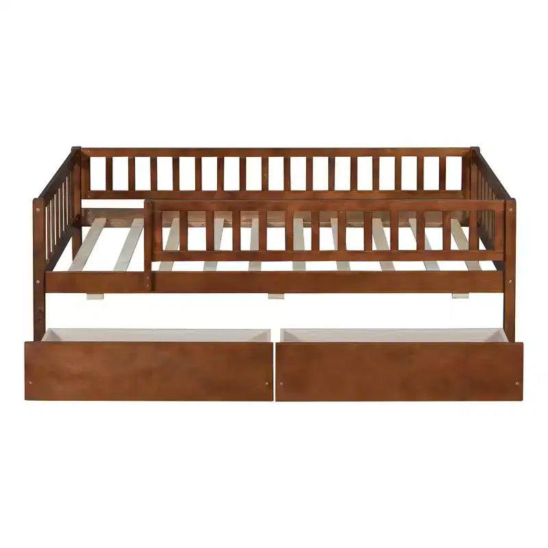 Lit de repos bas de taille double avec tiroirs de rangement, Cadre de lit plateforme double en bois avec barrières pour chambre de garçons et de filles