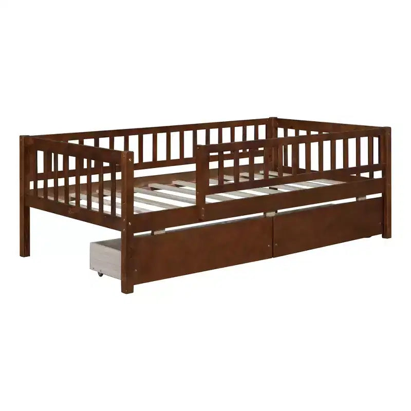 Lit de repos bas de taille double avec tiroirs de rangement, Cadre de lit plateforme double en bois avec barrières pour chambre de garçons et de filles