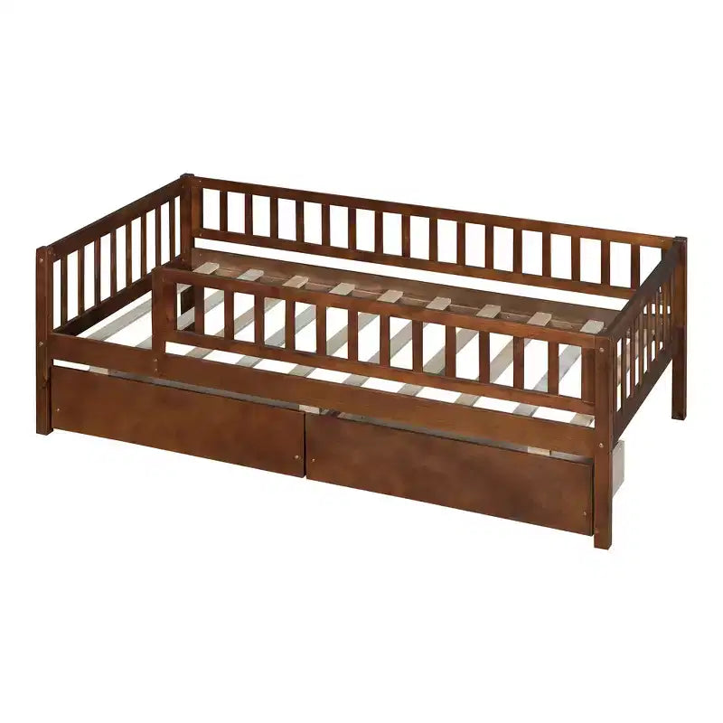 Lit de repos bas de taille double avec tiroirs de rangement, Cadre de lit plateforme double en bois avec barrières pour chambre de garçons et de filles
