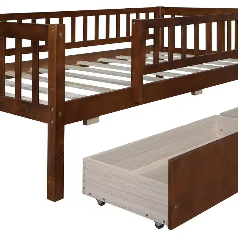 Lit de repos bas de taille double avec tiroirs de rangement, Cadre de lit plateforme double en bois avec barrières pour chambre de garçons et de filles