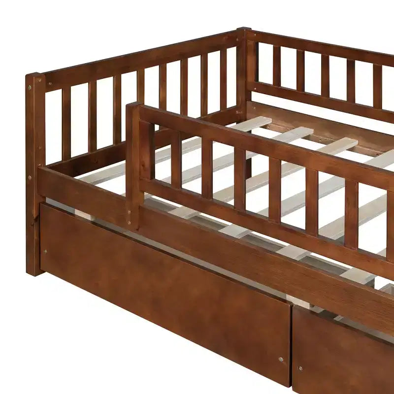 Lit de repos bas de taille double avec tiroirs de rangement, Cadre de lit plateforme double en bois avec barrières pour chambre de garçons et de filles