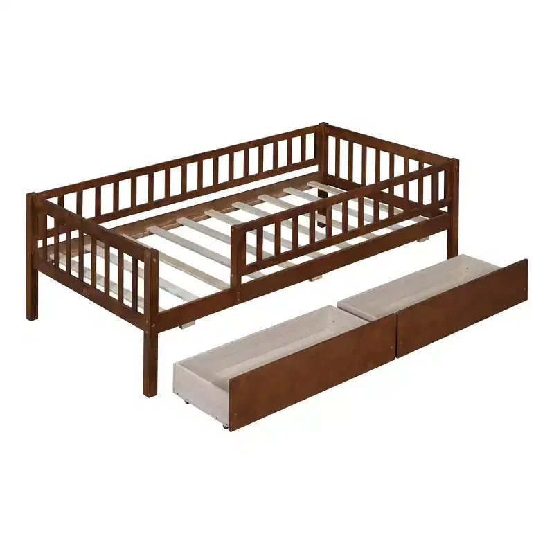 Lit de repos bas de taille double avec tiroirs de rangement, Cadre de lit plateforme double en bois avec barrières pour chambre de garçons et de filles