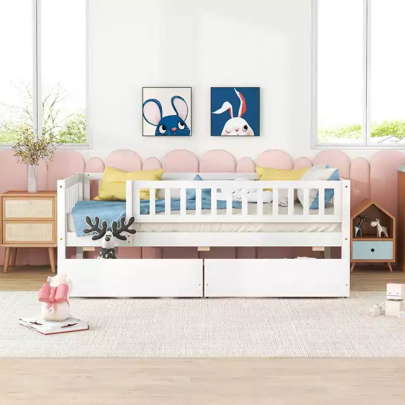 Lit de repos bas de taille double avec tiroirs de rangement, Cadre de lit plateforme double en bois avec barrières pour chambre de garçons et de filles