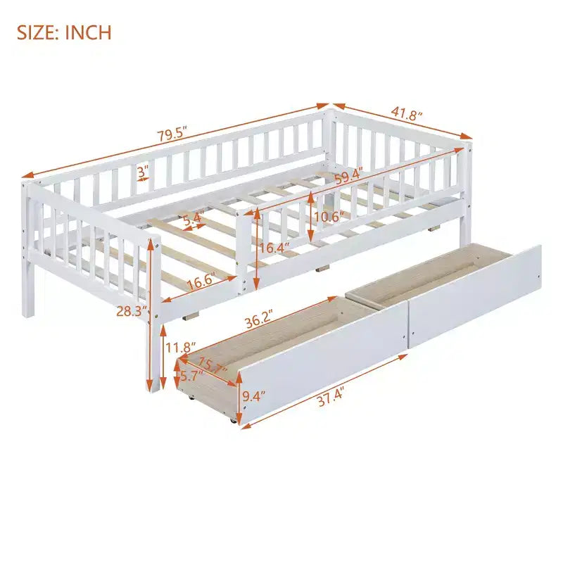 Lit de repos bas de taille double avec tiroirs de rangement, Cadre de lit plateforme double en bois avec barrières pour chambre de garçons et de filles