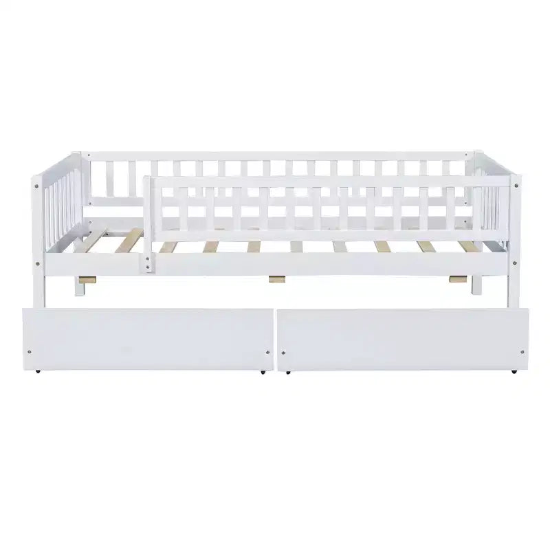 Lit de repos bas de taille double avec tiroirs de rangement, Cadre de lit plateforme double en bois avec barrières pour chambre de garçons et de filles