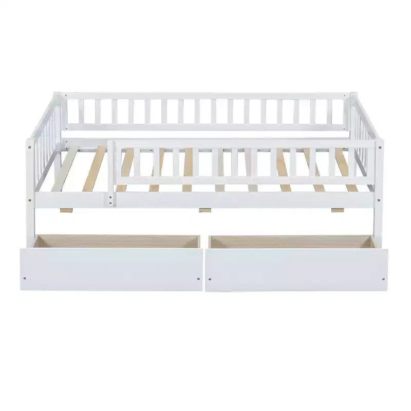 Lit de repos bas de taille double avec tiroirs de rangement, Cadre de lit plateforme double en bois avec barrières pour chambre de garçons et de filles