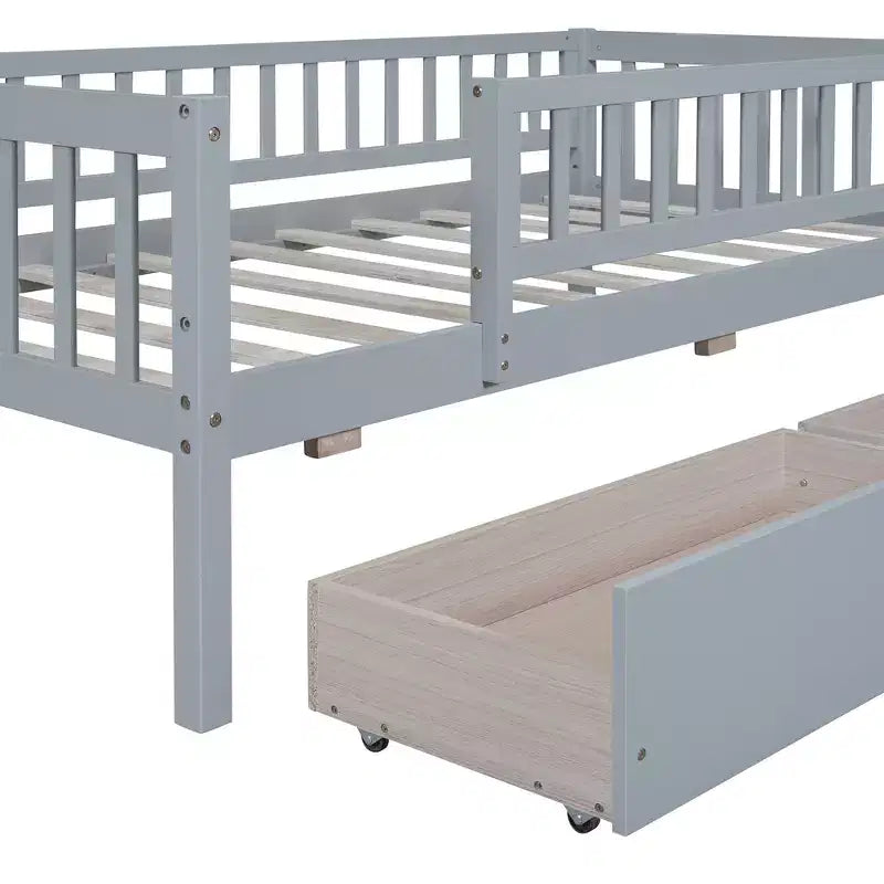 Lit de repos bas de taille double avec tiroirs de rangement, Cadre de lit plateforme double en bois avec barrières pour chambre de garçons et de filles