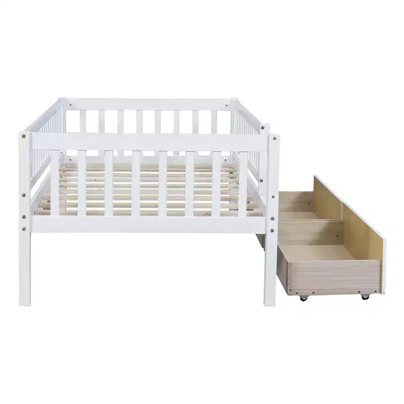 Lit de repos bas de taille double avec tiroirs de rangement, Cadre de lit plateforme double en bois avec barrières pour chambre de garçons et de filles