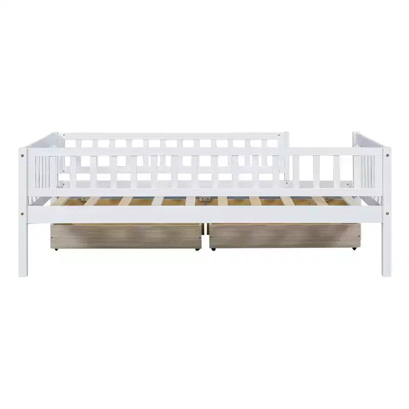 Lit de repos bas de taille double avec tiroirs de rangement, Cadre de lit plateforme double en bois avec barrières pour chambre de garçons et de filles