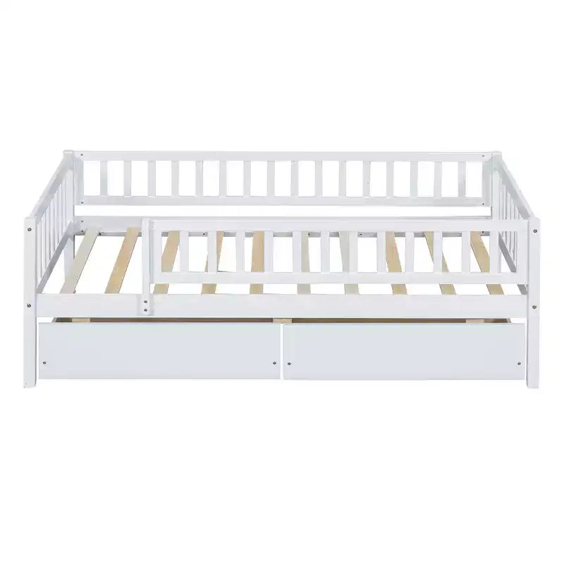 Lit de repos bas de taille double avec tiroirs de rangement, Cadre de lit plateforme double en bois avec barrières pour chambre de garçons et de filles
