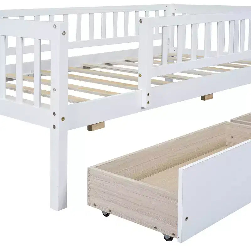 Lit de repos bas de taille double avec tiroirs de rangement, Cadre de lit plateforme double en bois avec barrières pour chambre de garçons et de filles