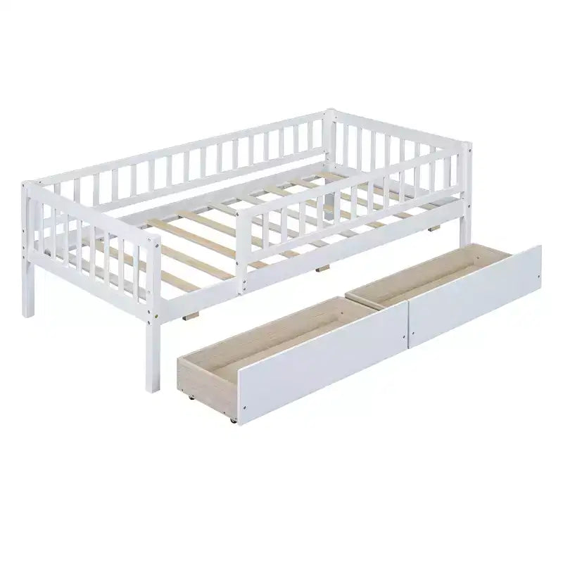 Lit de repos bas de taille double avec tiroirs de rangement, Cadre de lit plateforme double en bois avec barrières pour chambre de garçons et de filles