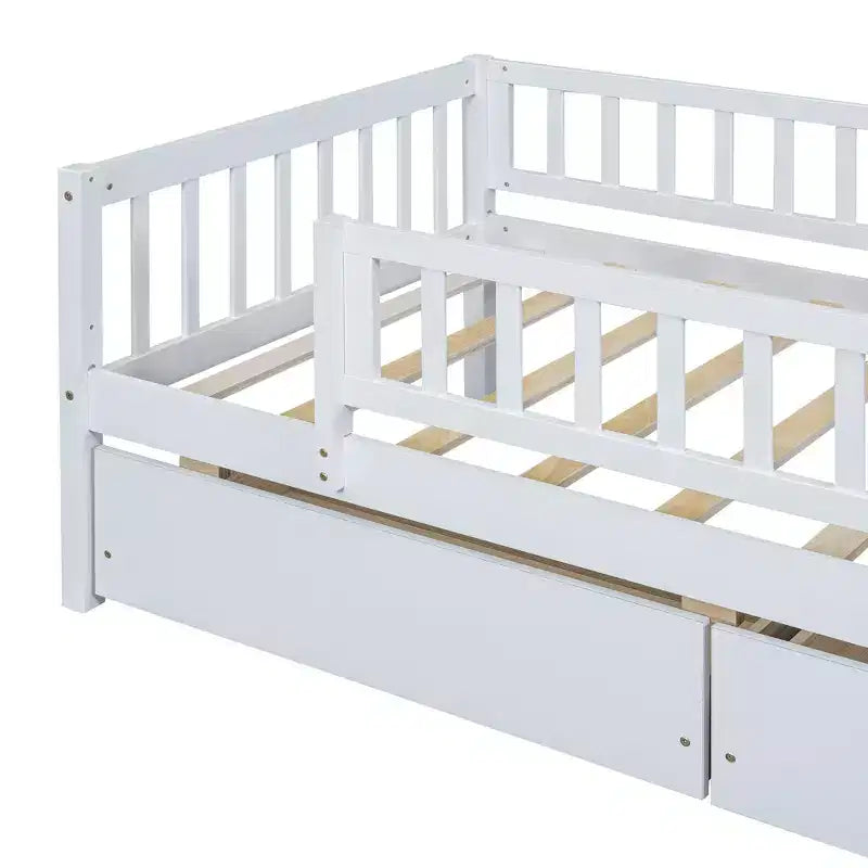 Lit de repos bas de taille double avec tiroirs de rangement, Cadre de lit plateforme double en bois avec barrières pour chambre de garçons et de filles