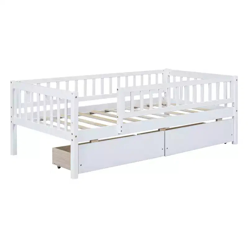 Lit de repos bas de taille double avec tiroirs de rangement, Cadre de lit plateforme double en bois avec barrières pour chambre de garçons et de filles