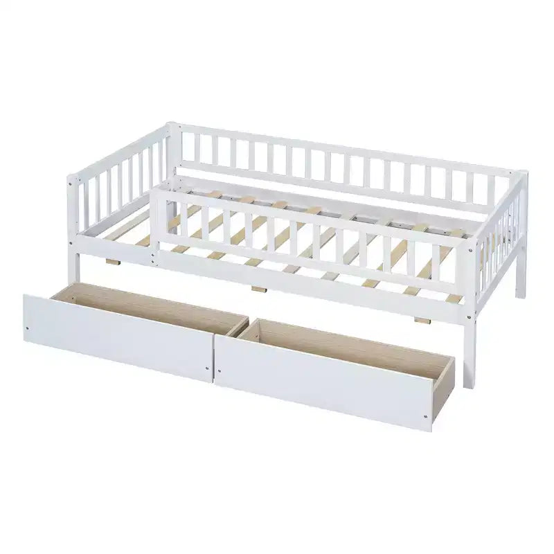 Lit de repos bas de taille double avec tiroirs de rangement, Cadre de lit plateforme double en bois avec barrières pour chambre de garçons et de filles