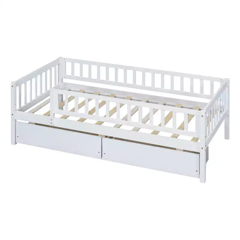 Lit de repos bas de taille double avec tiroirs de rangement, Cadre de lit plateforme double en bois avec barrières pour chambre de garçons et de filles