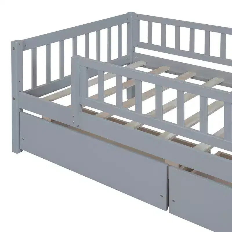 Lit de repos bas de taille double avec tiroirs de rangement, Cadre de lit plateforme double en bois avec barrières pour chambre de garçons et de filles
