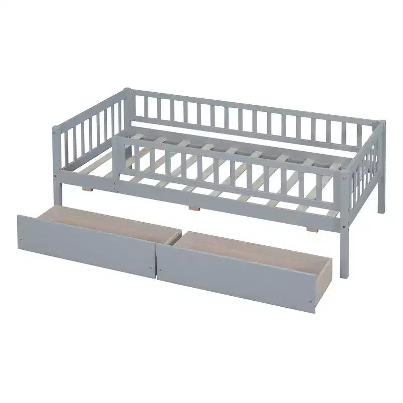 Lit de repos bas de taille double avec tiroirs de rangement, Cadre de lit plateforme double en bois avec barrières pour chambre de garçons et de filles