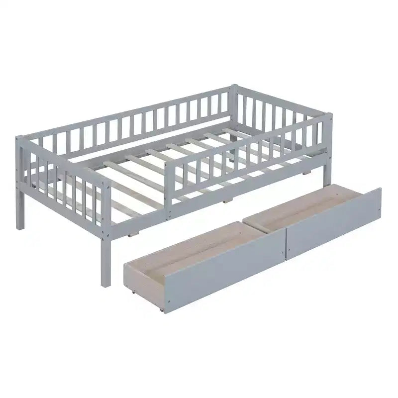Lit de repos bas de taille double avec tiroirs de rangement, Cadre de lit plateforme double en bois avec barrières pour chambre de garçons et de filles