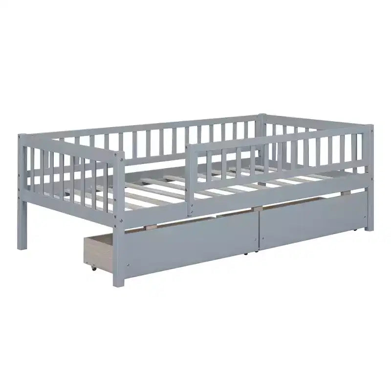 Lit de repos bas de taille double avec tiroirs de rangement, Cadre de lit plateforme double en bois avec barrières pour chambre de garçons et de filles