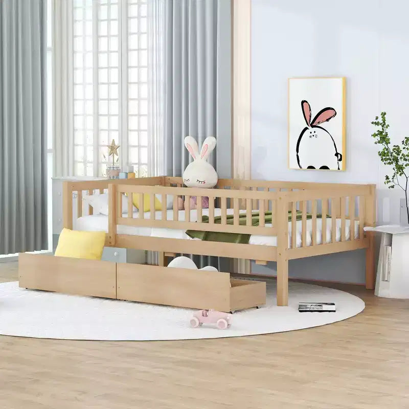 Lit de repos bas de taille double avec tiroirs de rangement, Cadre de lit plateforme double en bois avec barrières pour chambre de garçons et de filles