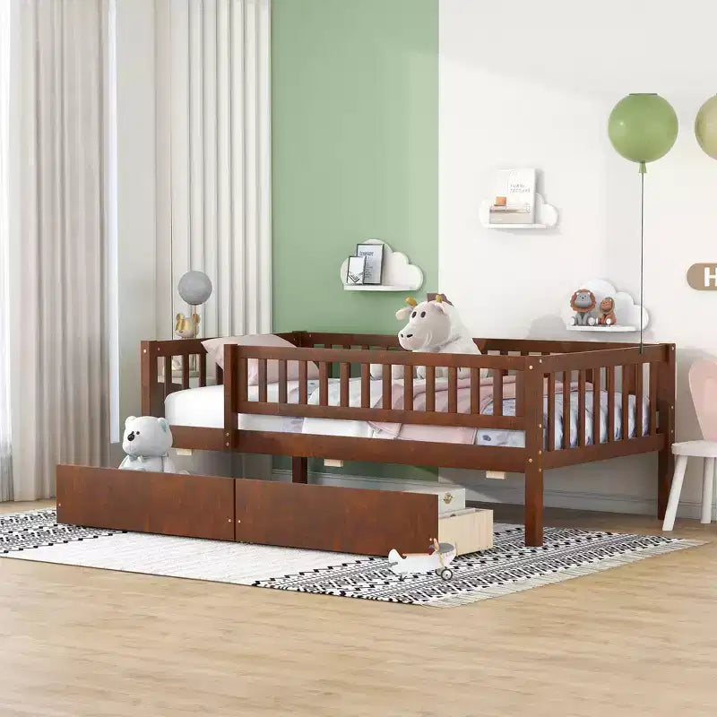 Lit de repos bas de taille double avec tiroirs de rangement, Cadre de lit plateforme double en bois avec barrières pour chambre de garçons et de filles