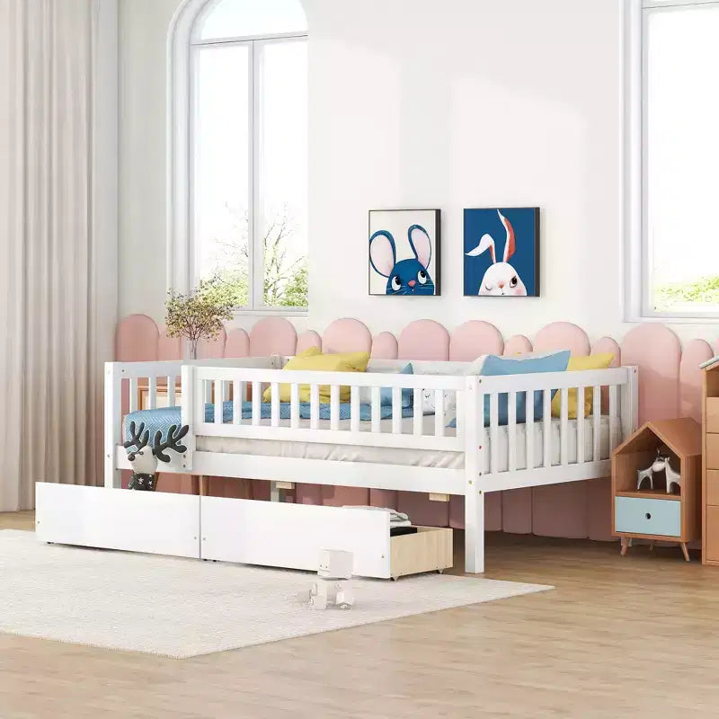 Lit de repos bas de taille double avec tiroirs de rangement, Cadre de lit plateforme double en bois avec barrières pour chambre de garçons et de filles