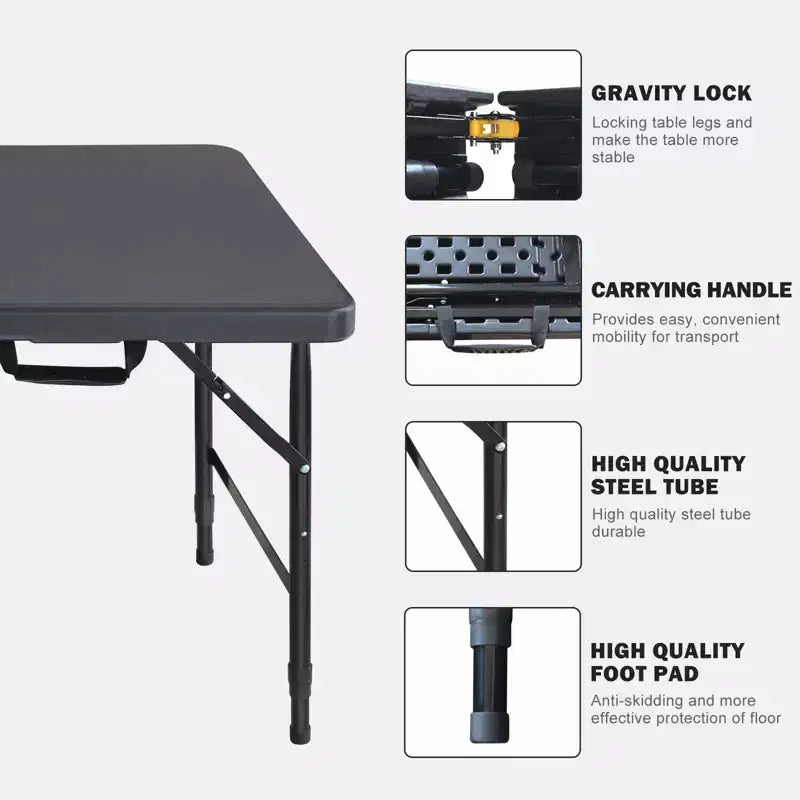 Table pliante portable de 120 cm - Table d'intérieur et d'extérieur robuste d'une capacité de 135 kg pour le camping, le patio, les pique-niques et les événements, noire