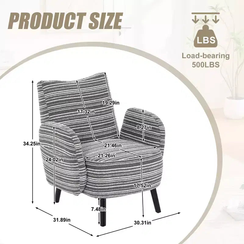 Fauteuil de canapé moderne à rayures avec pochette latérale et pieds en bois massif, chaise de lecture confortable pour salon, chambre et bureau